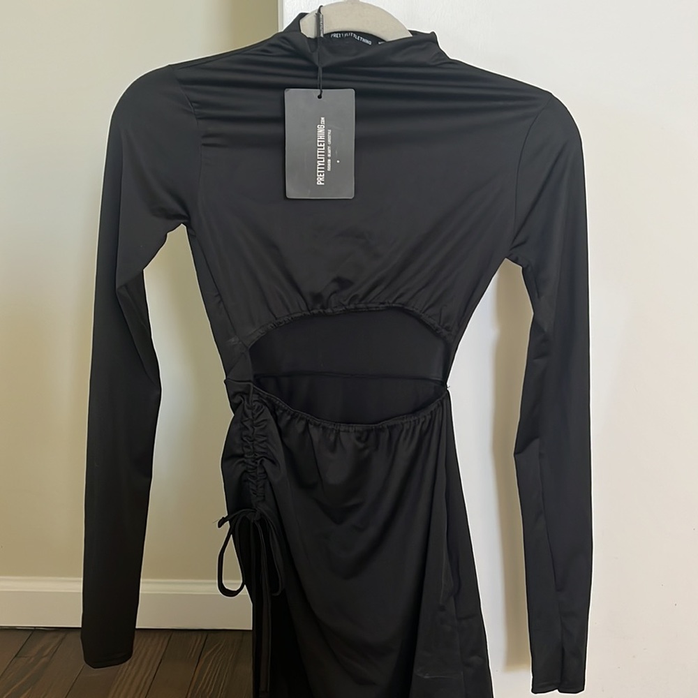 Black slinky cut out ruched side slit dress